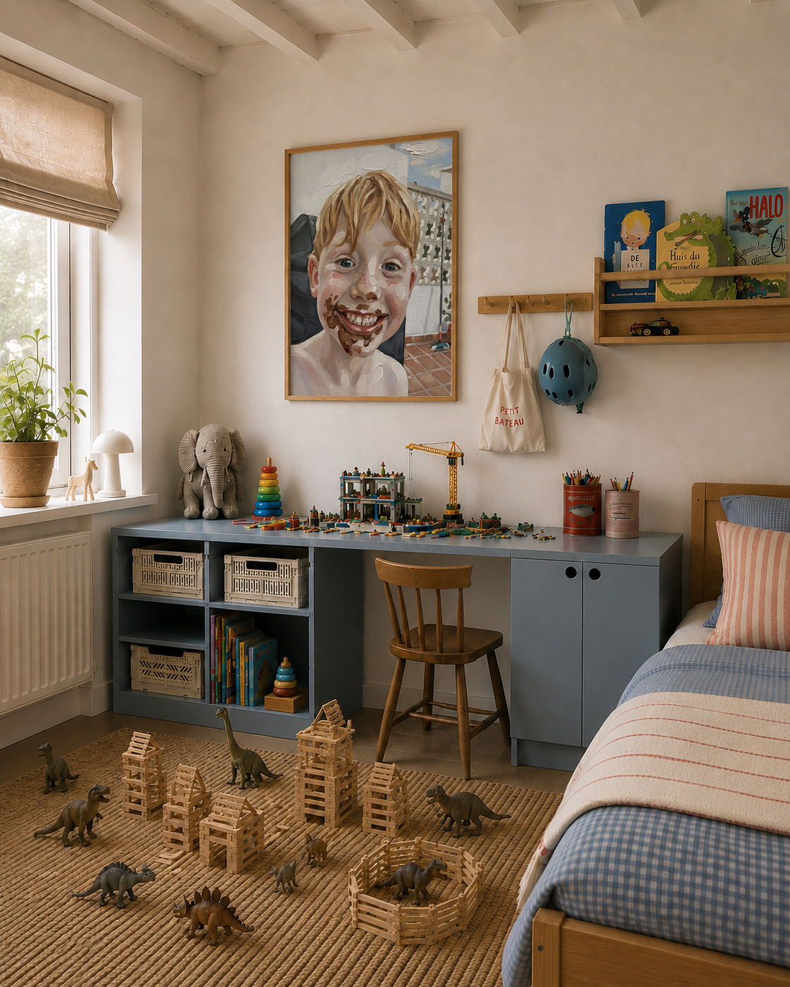 Framed Oil Painting style artwork of a chocolate-smeared boy in a child's bedroom