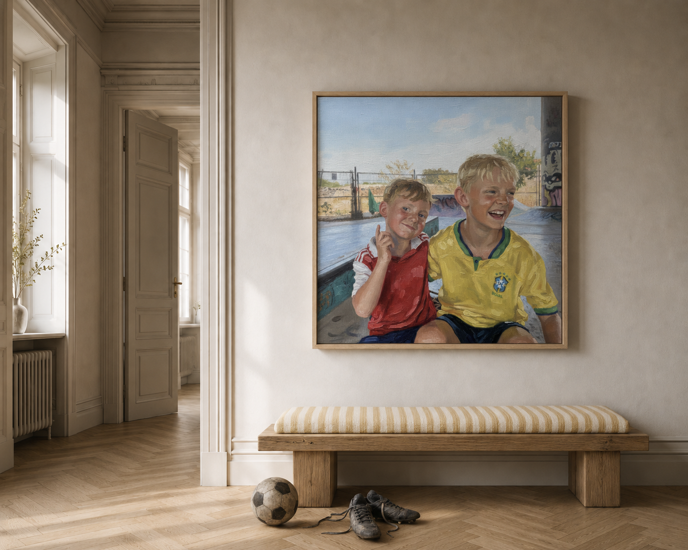 Framed Oil Painting style artwork of two boys above an oak bench in a hallway