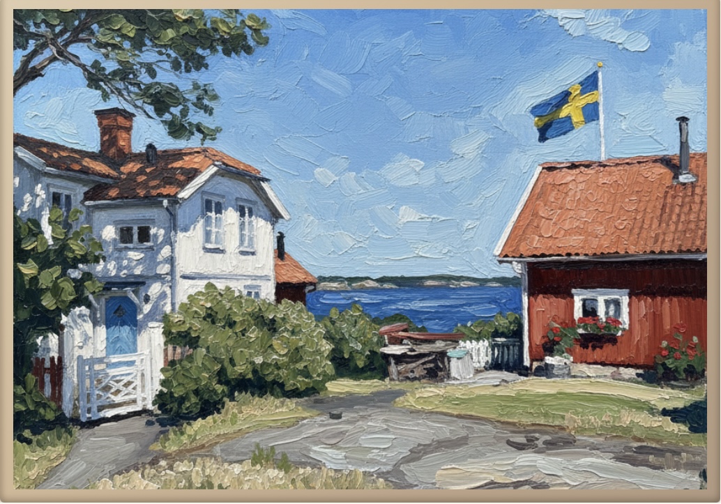 Oil Painting style artwork of archipelago houses with a Swedish flag by the sea