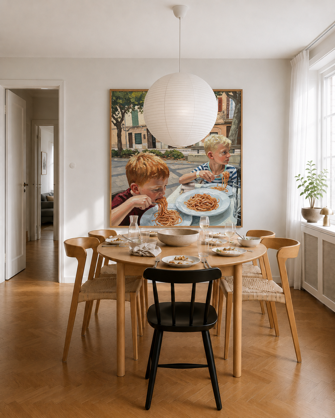Large Oil Painting style artwork of two boys eating spaghetti in a dining room