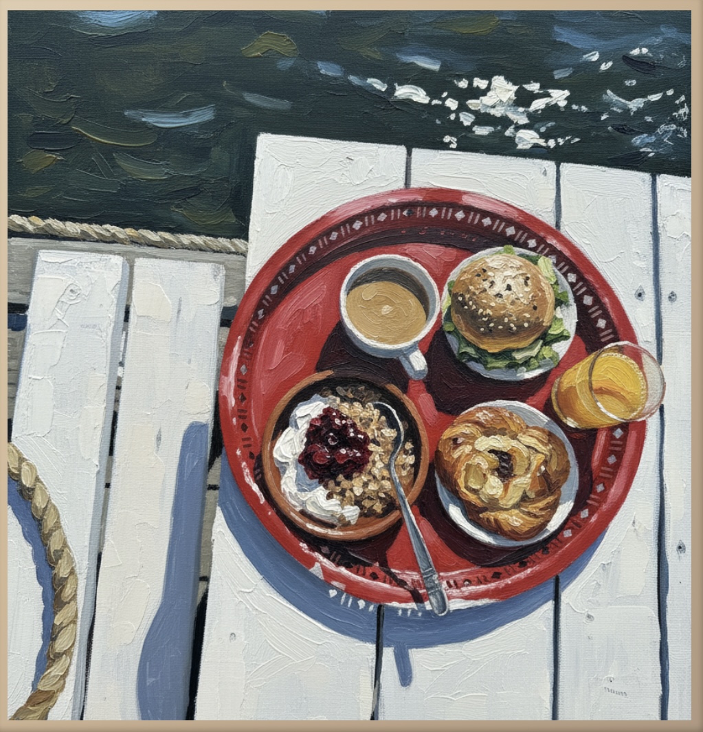 Oil Painting style artwork of a breakfast tray on a white jetty by dark water